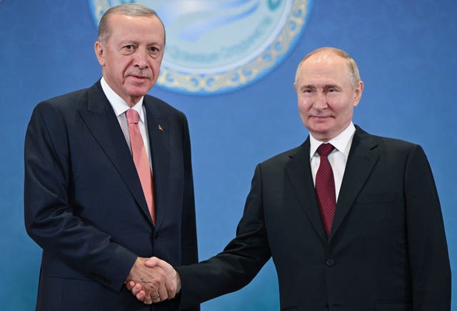 Recep Tayyip Erdogan and Vladimir Putin shake hands