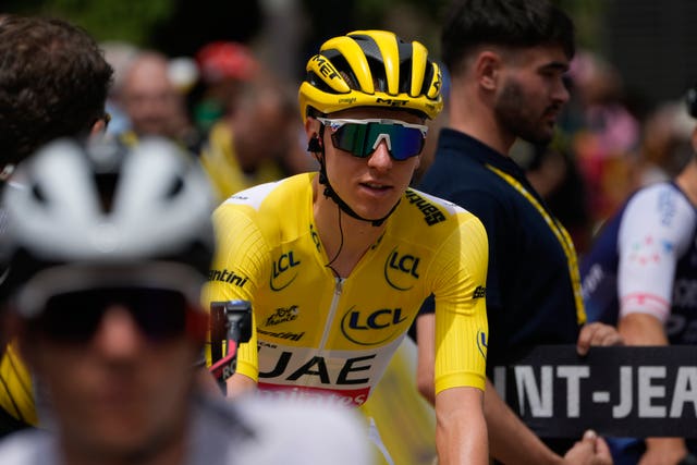 Tadej Pogacar, wearing the yellow jersey, gets ready to take part in stage five of the Tour de France 