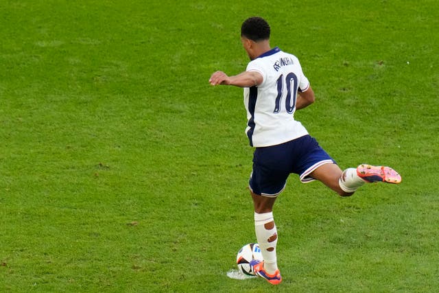 England’s Jude Bellingham scores his penalty in the shoot-out win over Switzerland