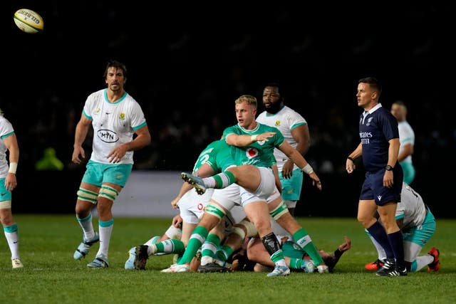 Ireland’s Craig Casey, centre, was forced off by a head knock 