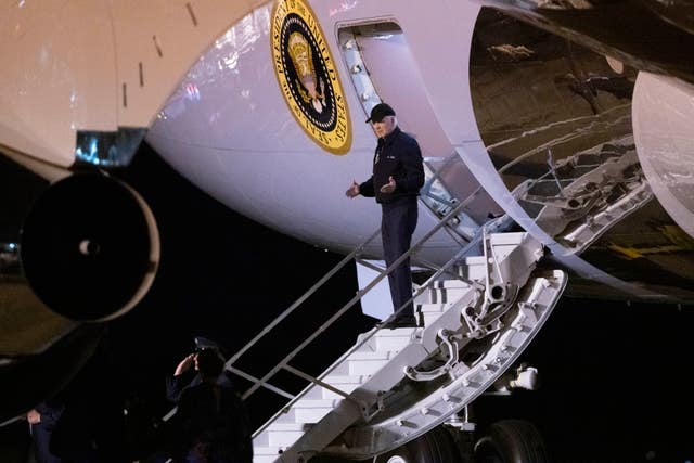 President Joe Biden leaves Air Force One as he arrives at Dover Air Force Base, in Dover, Delaware 