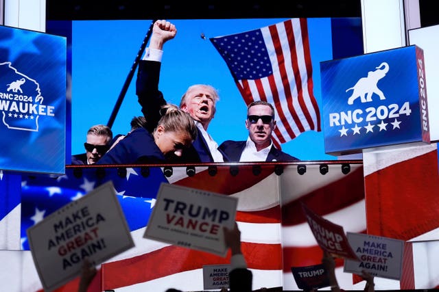 Pictures of the assassination attempt of Donald Trump displayed during the Republican National Convention