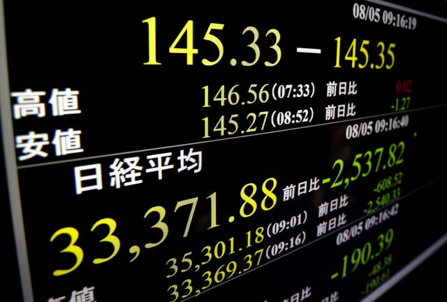 A monitor shows the Nikkei 225 stock index 