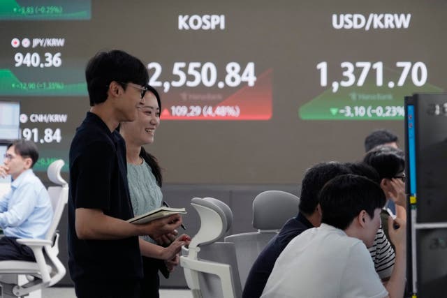 Currency traders watch monitors near a screen, back, showing the Korea Composite Stock Price Index in Seoul 