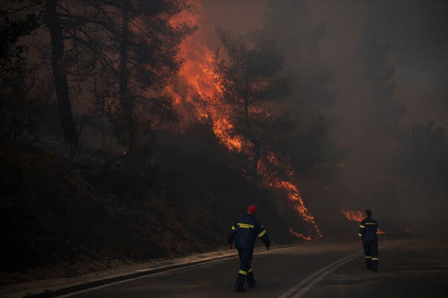 Firefighters inspect flames near a road in Varnava village during a wildfire, north of Athens, Greece 