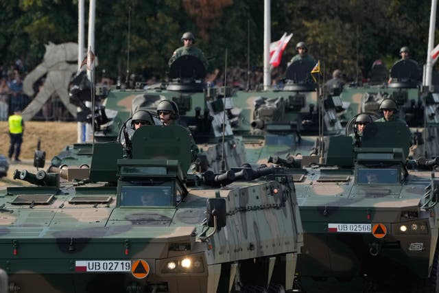 Poland’s military parade during the annual observances on Poland’s armed forces holiday in Warsaw