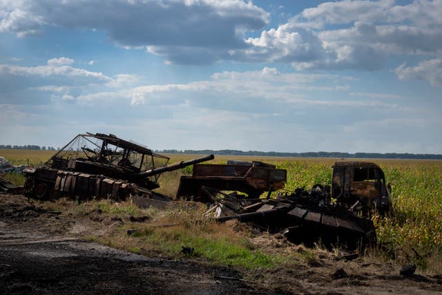 Destroyed Russian tanks lie on a roadside near Sudzha, in the Kursk region