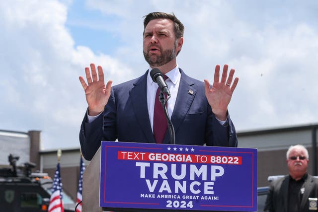 JD Vance speaks at a campaign rally at the Lowndes County Sheriff’s Office in Valdosta, Georgia