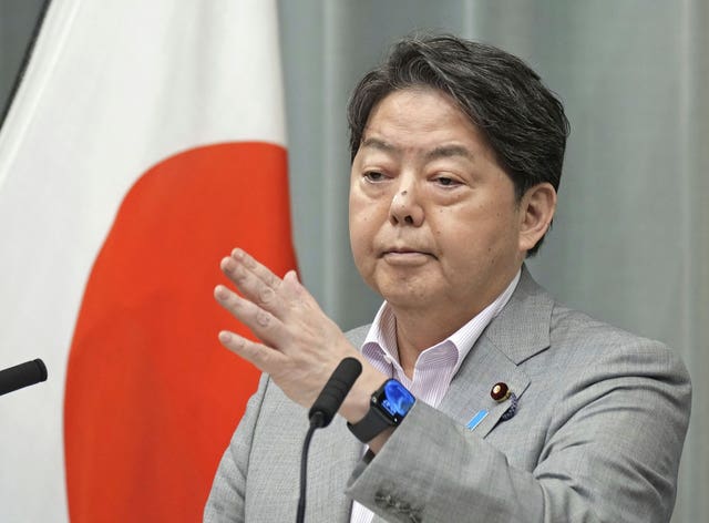 Chief cabinet secretary Yoshimasa Hayashi speaks during a press conference at the prime minister’s office in Tokyo