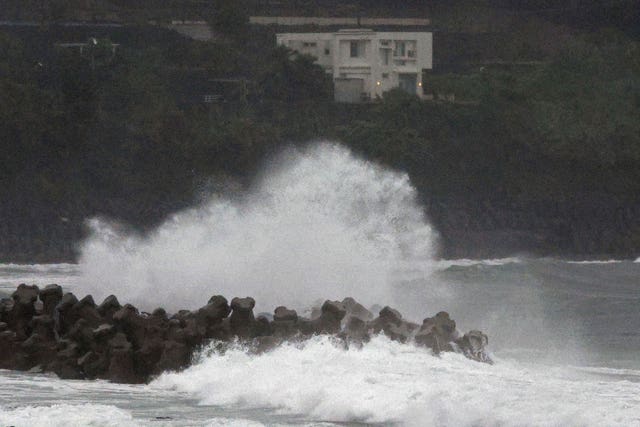 Waves hit a coastal area in Makurazaki,