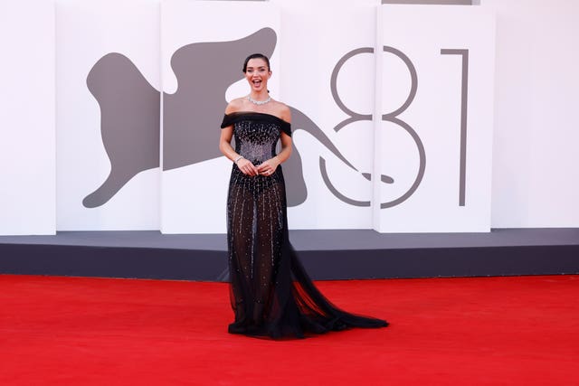 Amy Jackson poses for photographers upon arrival for the premiere of the film ‘Beetlejuice Beetlejuice’