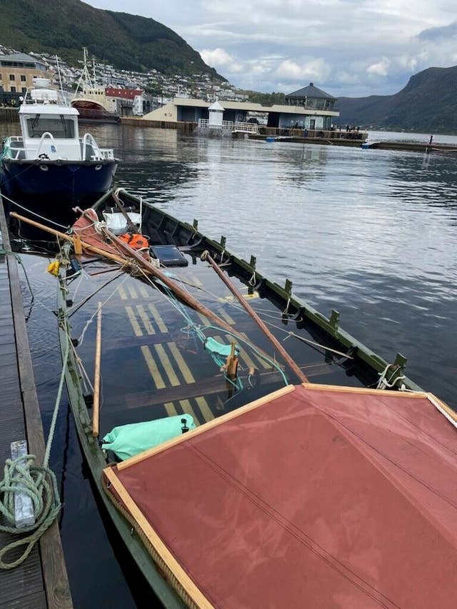 The Viking ship replica moored at the quay in Maloy after capsizing earlier this week off Norway’s coast 