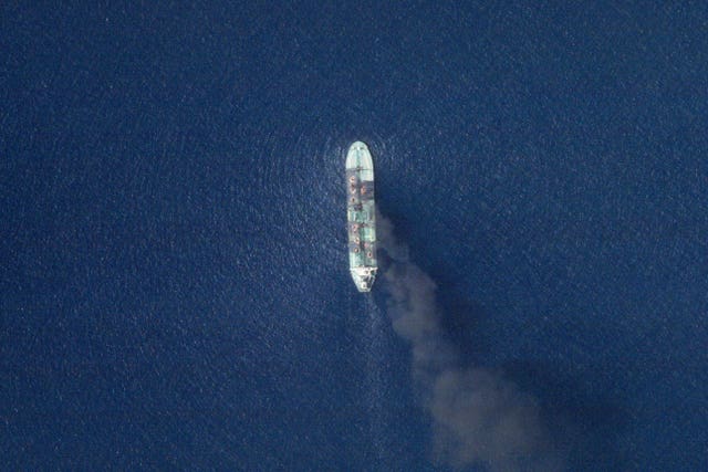 A satellite image of the oil tanker Sounion burning in the Red Sea