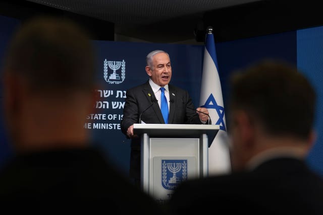 Israeli Prime Minister Benjamin Netanyahu speaks during a press conference at the Government Press office in Jerusalem