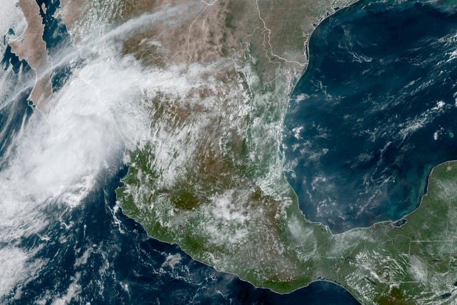 A satellite image shows Tropical Storm Ileana at Mexico’s southern tip of the Baja California peninsula