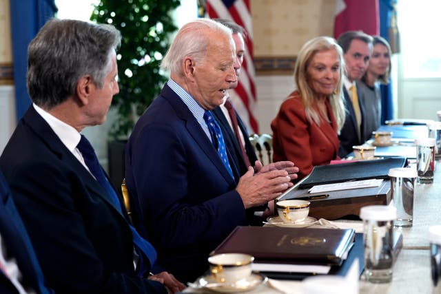 President Joe Biden, second left, hosts a bilateral meeting with UK Prime Minister Keir Starmer, not pictured, in the Blue Room of the White House