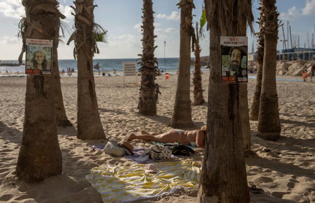 Signs calling for the release of hostages are plastered on trees in Tel Aviv’s beach in Israel