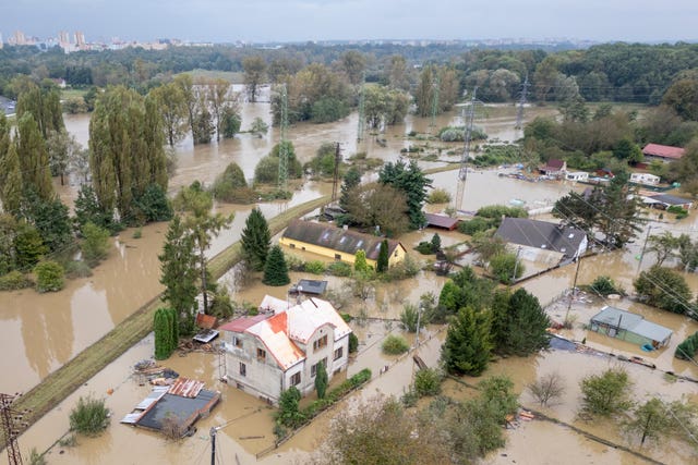 An aerial view of a flooded neighbourhood in Ostrava, Czech Republic