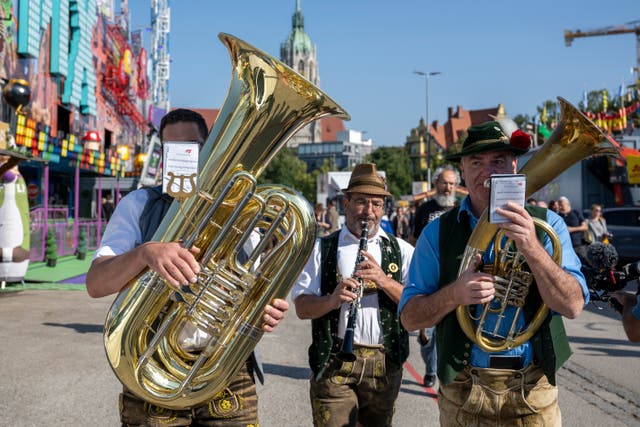 A brass band plays during a press tour at the Oktoberfest, in Munich, Germany 