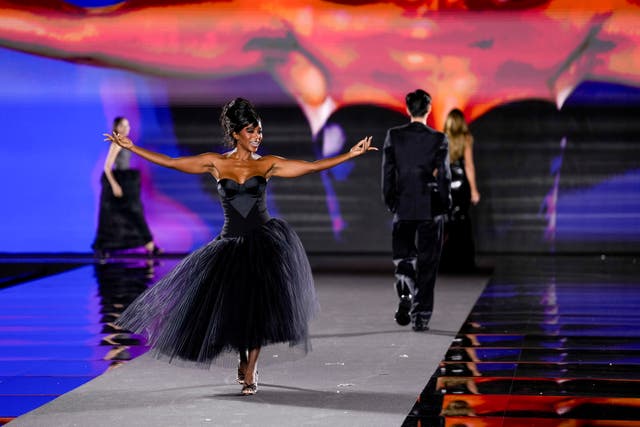 Aja Naomi King wears a creation as part of the L'Oreal Spring/Summer 2025 collection presented Monday, Sept. 23, 2024 in Paris. 