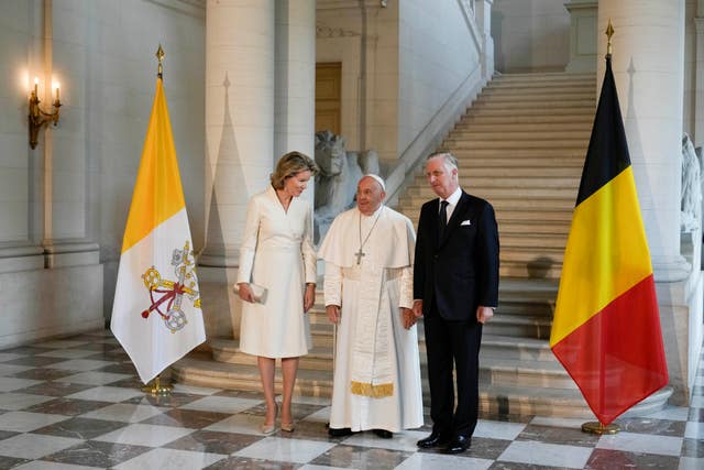 Pope Francis with King Philippe and Queen Mathilde in the Castle of Laeken, Brussels