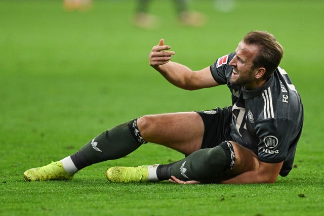 Harry Kane goes down during Bayern Munich's draw with Bayer Leverkusen