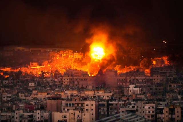 Flames rise after an Israeli airstrike in the southern suburbs of Beirut, Lebanon, Saturday, Sept. 28, 2024