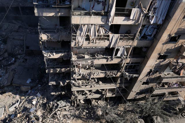 Damaged buildings at the site of the assassination of Hezbollah leader Hassan Nasrallah