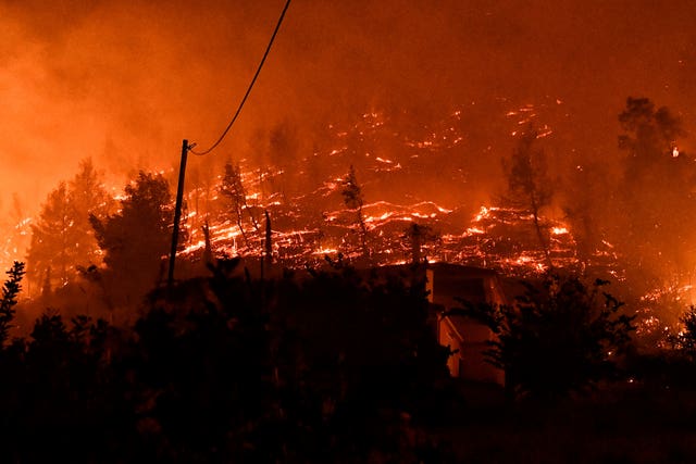 A wildfire burns a forest near the village of Kallithea 