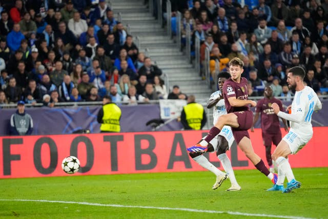 James McAtee scores Manchester City's fourth goal against Slovan Bratislava