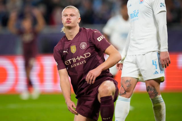 Erling Haaland reacts after missing a chance against Slovan Bratislava