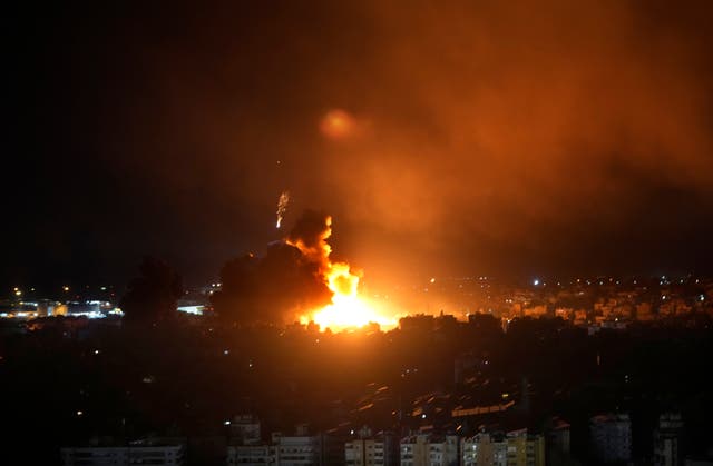 Flames rise from Israeli air strikes in Dahiyeh, Beirut, Lebanon