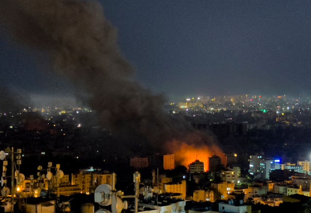 Flames and smoke rise from Israeli air strikes in Dahiyeh, Beirut, Lebanon