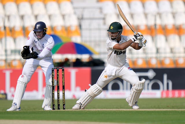 Abdullah Shafique hits a shot into the off side