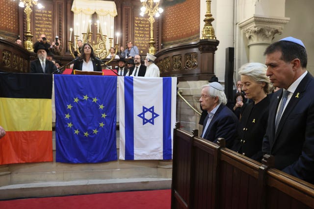 European Commission President Ursula von der Leyen attends a commemoration ceremony at the Great Synagogue in Brussels