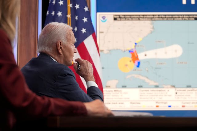 US President Joe Biden listens to a briefing about preparations for Hurricane Milton