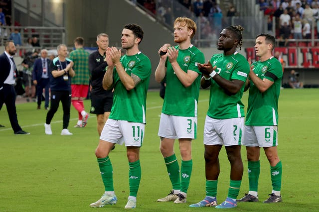 Republic of Ireland players applaud the fans at the end of the Nations League defeat in Athens