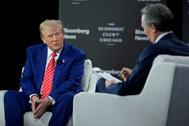 Donald Trump speaks during an interview with Bloomberg News editor-in-chief John Micklethwait