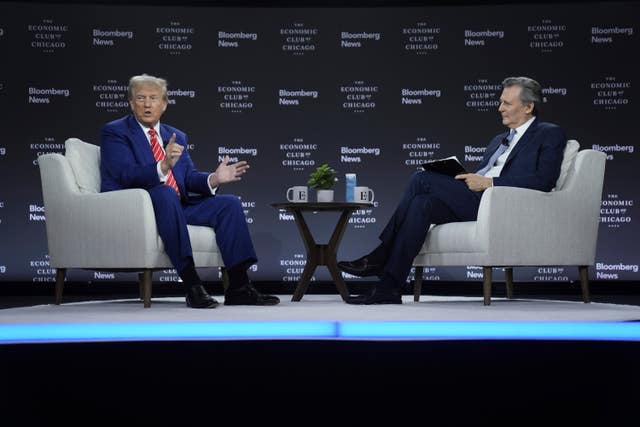 Donald Trump speaks during an interview with Bloomberg News editor-in-chief John Micklethwait