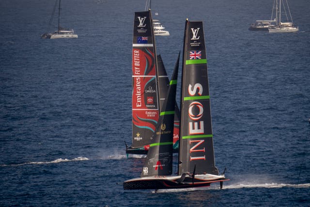 Ineos Britannia (right) and Emirates Team New Zealand race during the America’s Cup