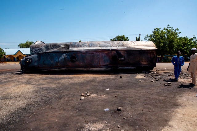 A tanker lying on its side