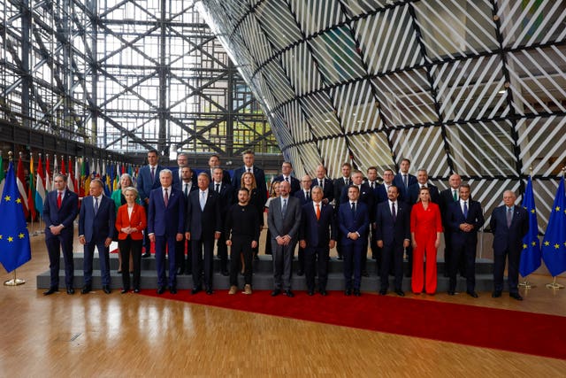 European Union leaders pose for a group photo with Ukraine’s president Volodymyr Zelensky 