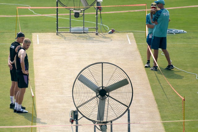 A large fan is used to help prepare the pitch in Rawalpindi