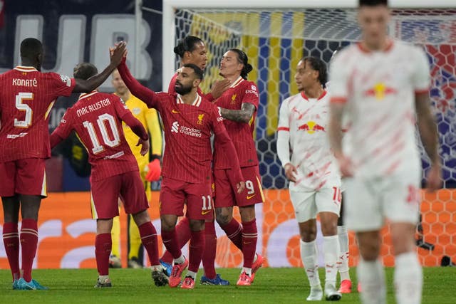 Liverpool celebrate after Darwin Nunez scored against RB Leipzig