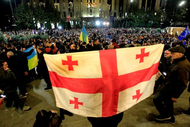 A protester holds a Georgian flag