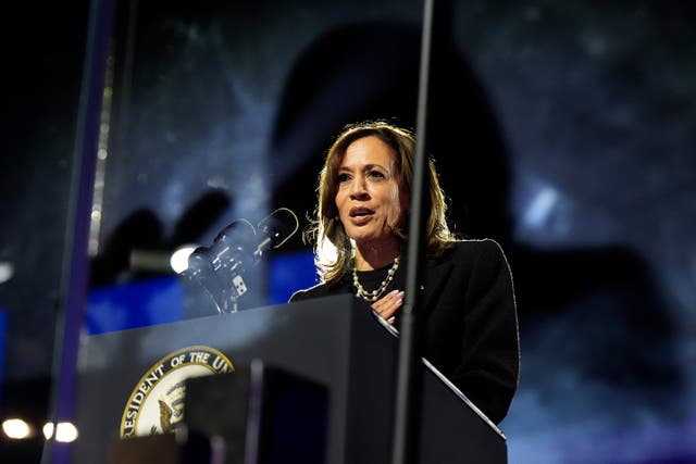 Kamala Harris speaks during a campaign rally outside the Philadelphia Museum of Art 