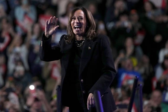 Democratic presidential nominee Kamala Harris arrives to speak during a campaign rally in Memorial Hall at Muhlenberg College in Allentown, Pennsylvania 