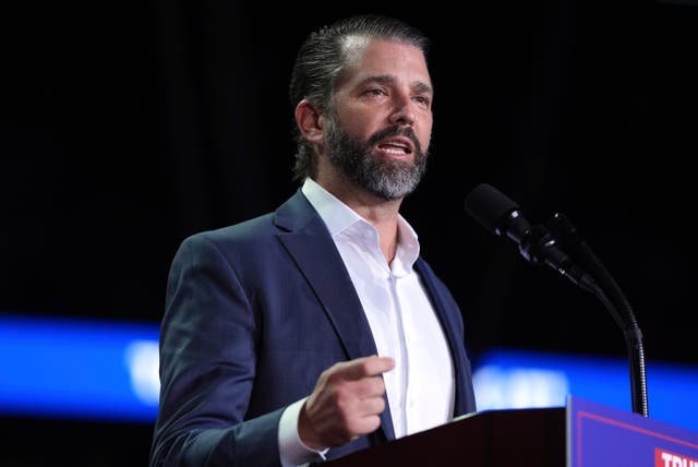 Donald Trump Junior speaks at a campaign rally in Grand Rapids, Michigan 