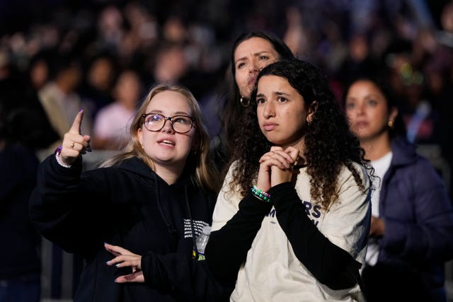 Supporters of Kamala Harris look at election results on the campus of Howard University in Washington