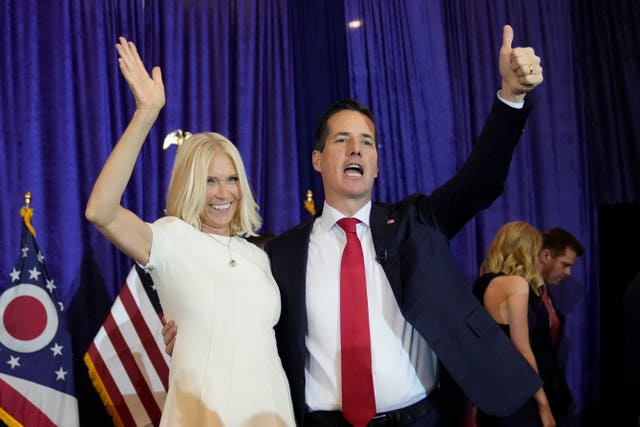 Ohio Republican Bernie Moreno during a watch party in Westlake, Ohio, with his wife Bridget